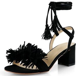 Women High Heels Lace Up Shoes Open Round Toe Tassel Chunky Ankle Straps Sandals